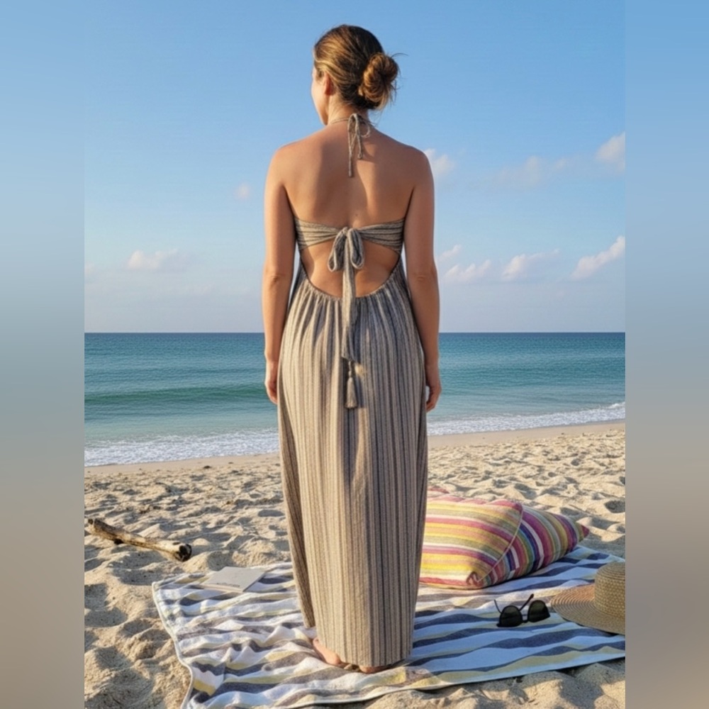 Promesa Halter Cream & Gray Maxi Dress